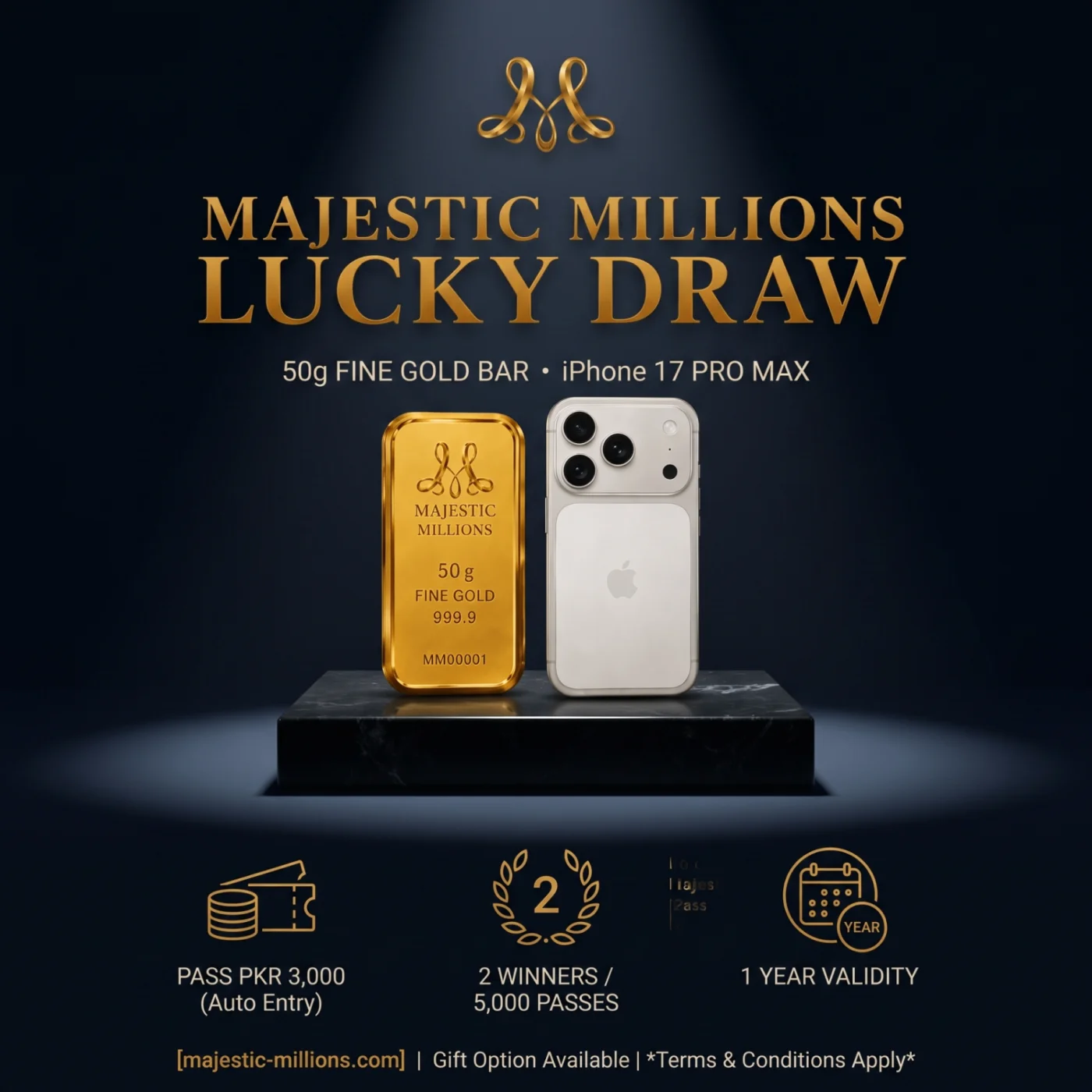 Majestic Millions Lucky Draw — 50g gold bar and iPhone 17 Pro Max, 2 winners every 5,000 passes.